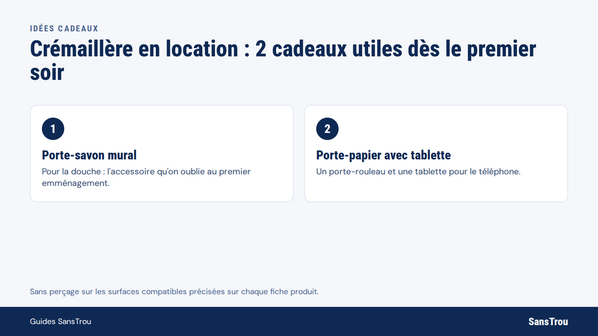 2 idées cadeaux de crémaillère pour un logement en location : porte-savon mural et porte-papier avec tablette