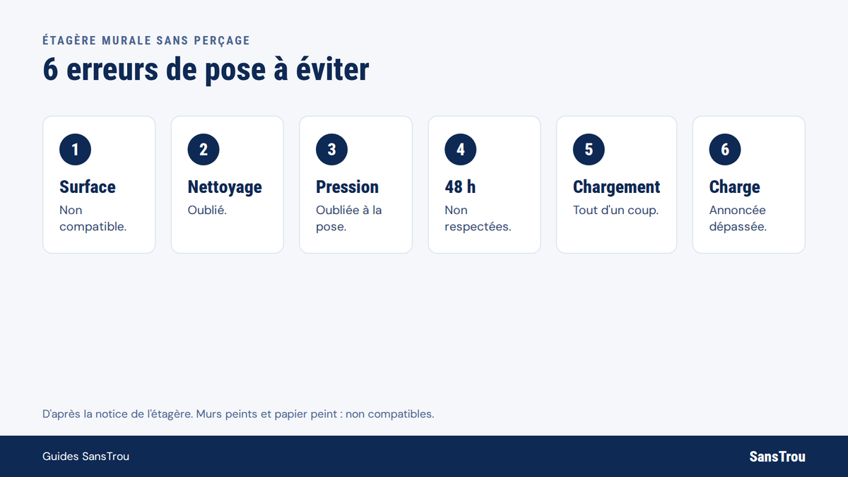 Schéma SansTrou : six erreurs de pose à éviter avec une étagère murale sans perçage Image