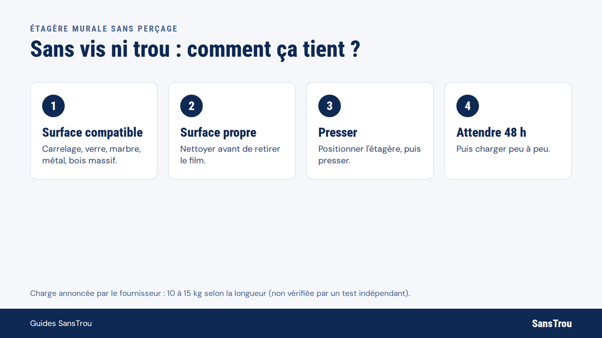 Schéma SansTrou : comment tient une étagère murale sans vis ni trou, en quatre étapes