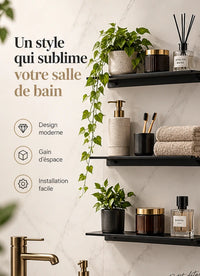 Étagère murale sans perçage aluminium noir sur mur de marbre – visuel d'ambiance généré par IA