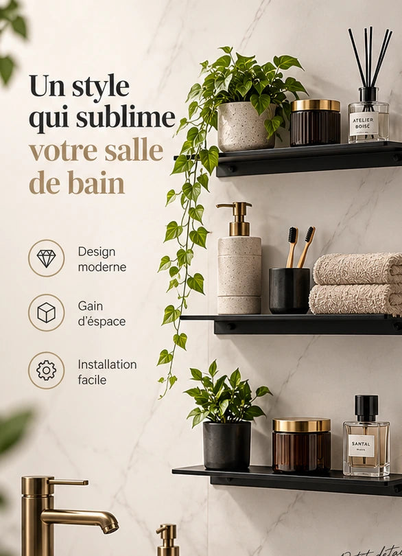 Étagère murale sans perçage aluminium noir sur mur de marbre – visuel d'ambiance généré par IA