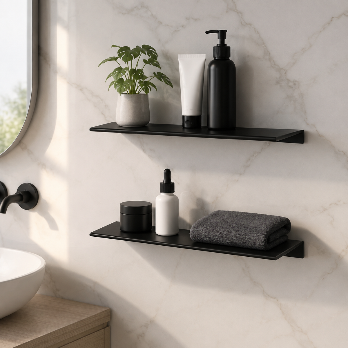 Étagère salle de bain sans perçage dans une salle de bain sombre – visuel d'ambiance généré par IA