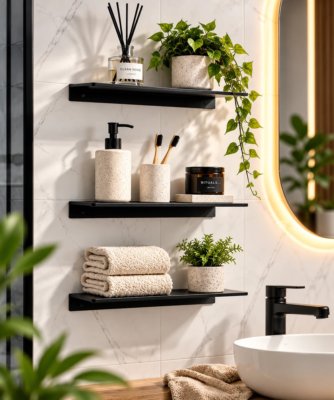 Étagère salle de bain sans perçage noir mat – visuel d'ambiance généré par IA