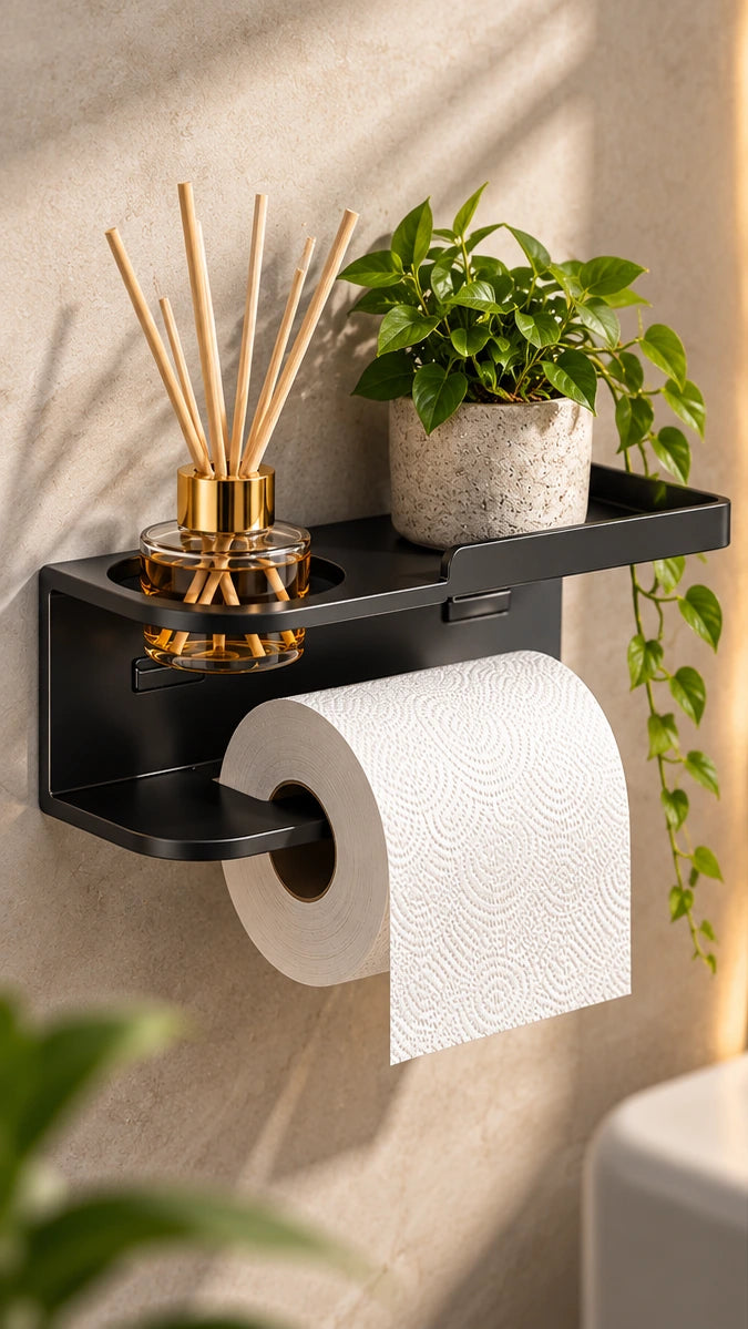 Porte-papier toilette mural noir fixé sans perçage – visuel d'ambiance généré par IA