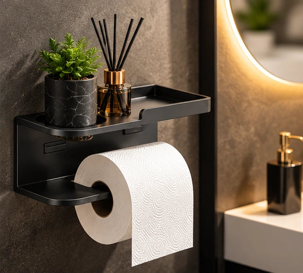 Porte-papier toilette sans perçage avec tablette pour téléphone – visuel d'ambiance généré par IA