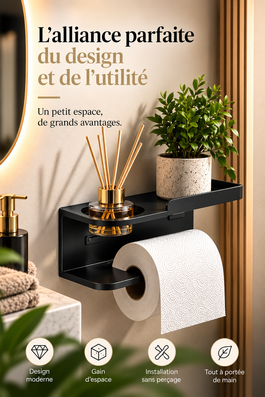 Porte-papier toilette mural sans perçage coloris noir – visuel généré par IA
