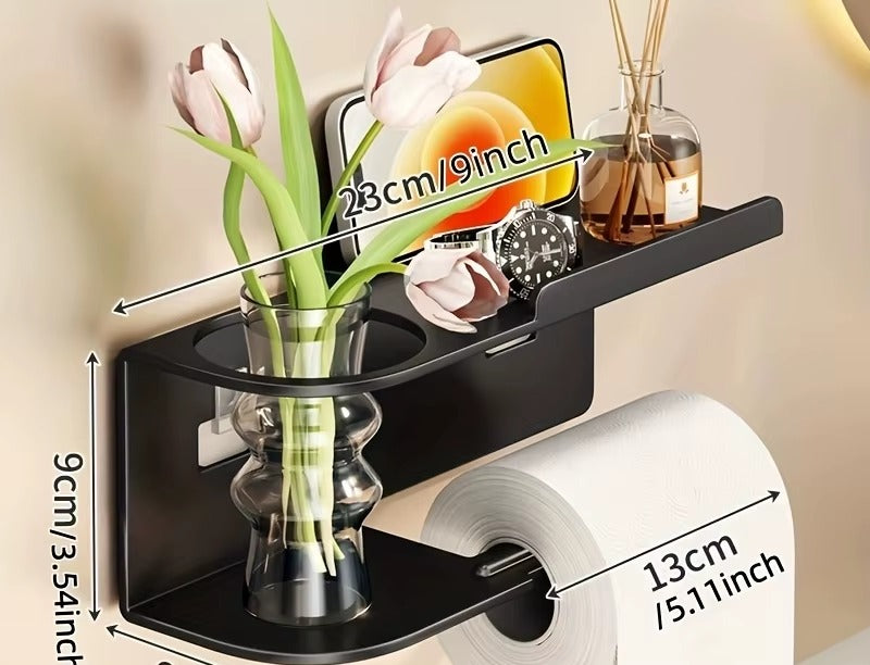 Porte-papier toilette noir avec tablette : 23 cm de large, 9 cm de haut, barre de 13 cm – visuel du fabricant
