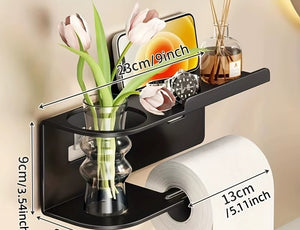 Porte-papier toilette noir avec tablette : 23 cm de large, 9 cm de haut, barre de 13 cm – visuel du fabricant