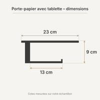 Schéma des dimensions du porte-papier avec tablette : 23 cm de large, 9 cm de haut, barre de 13 cm, cotes mesurées sur notre échantillon